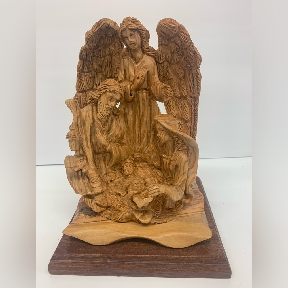 Olive Wood Hand-Carved Angel & Holy Family